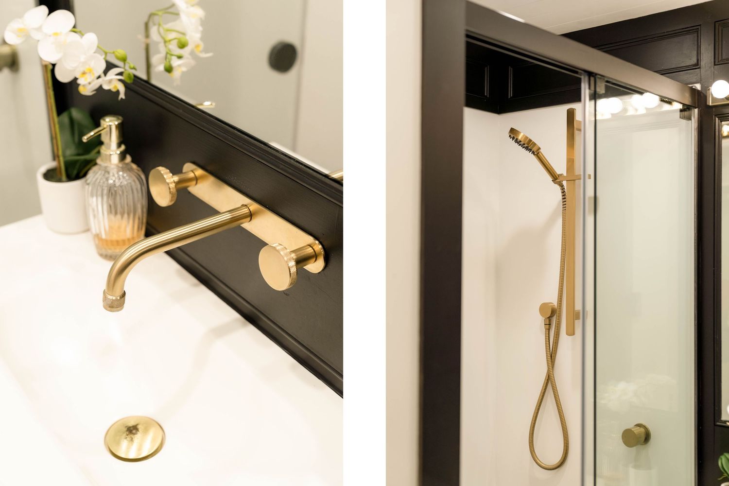 Sleek modern bathroom featuring glass shower enclosure and gold-toned fixtures.