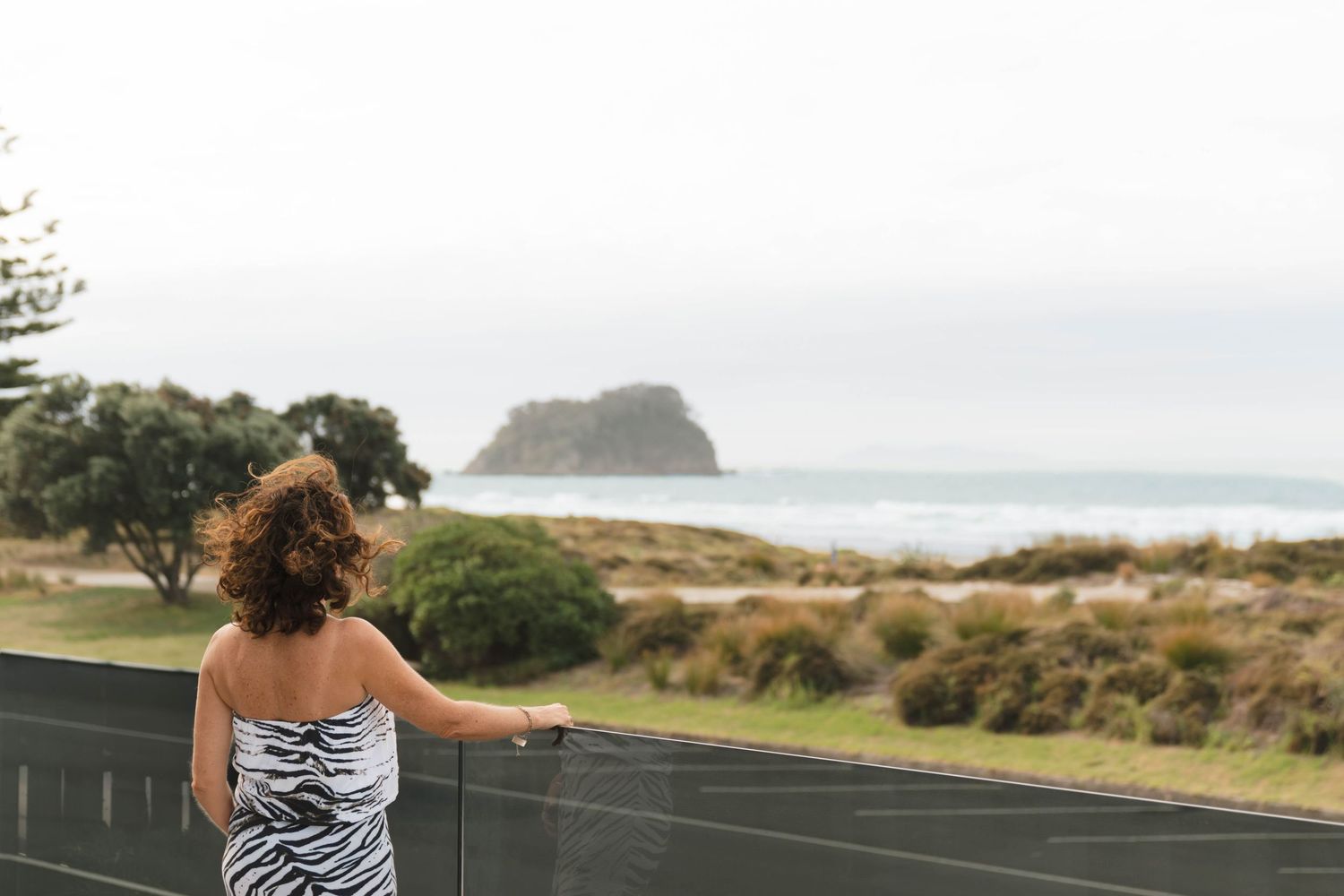 Coastal landscape view with native plants and ocean vista through modern architecture.