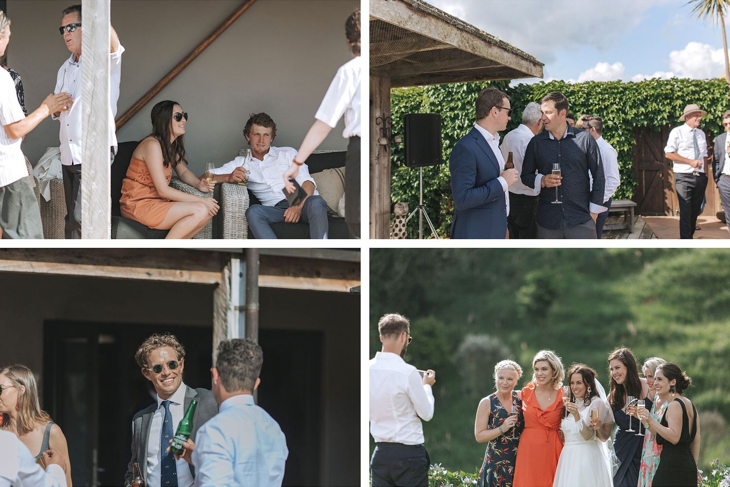 Four candid snapshots of wedding guests mingling and socializing during an outdoor garden reception.