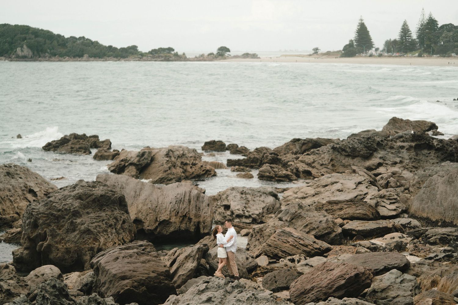 Rocky coastline with ocean waves and distant trees visible.