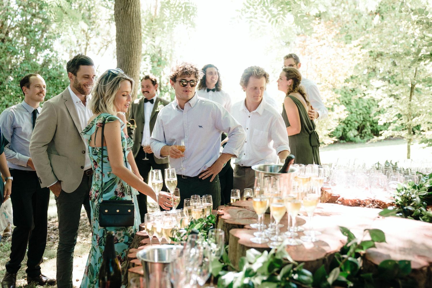 Outdoor garden party with guests mingling under tree canopy.