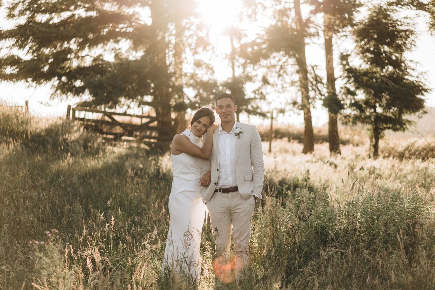 A romantic couple walks together through a sun-lit meadow with pine trees during golden hour.