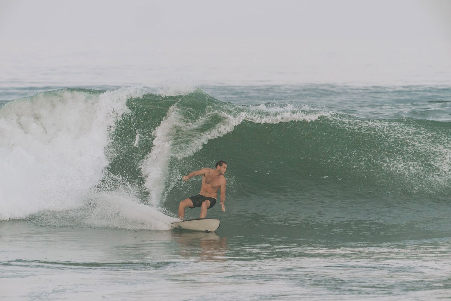 A surfer rides a green wave in the ocean, creating a spray of white water behind them.