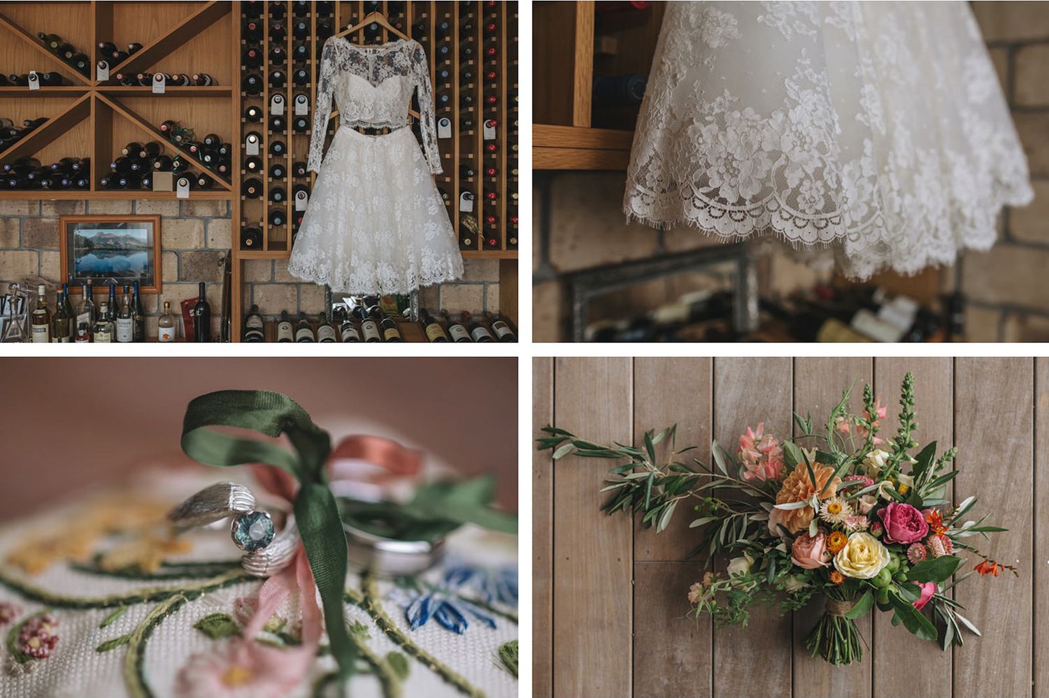 A collection of wedding detail photos showing elegant dresses, floral arrangements, and bridal accessories in a rustic venue setting.