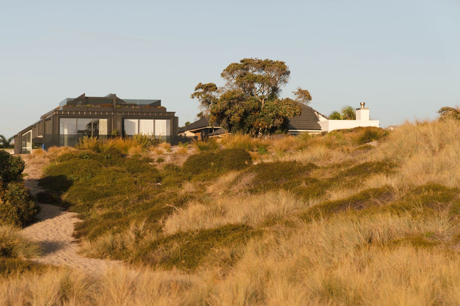 Modern house perched on a golden hillside overlooking the ocean at sunset.