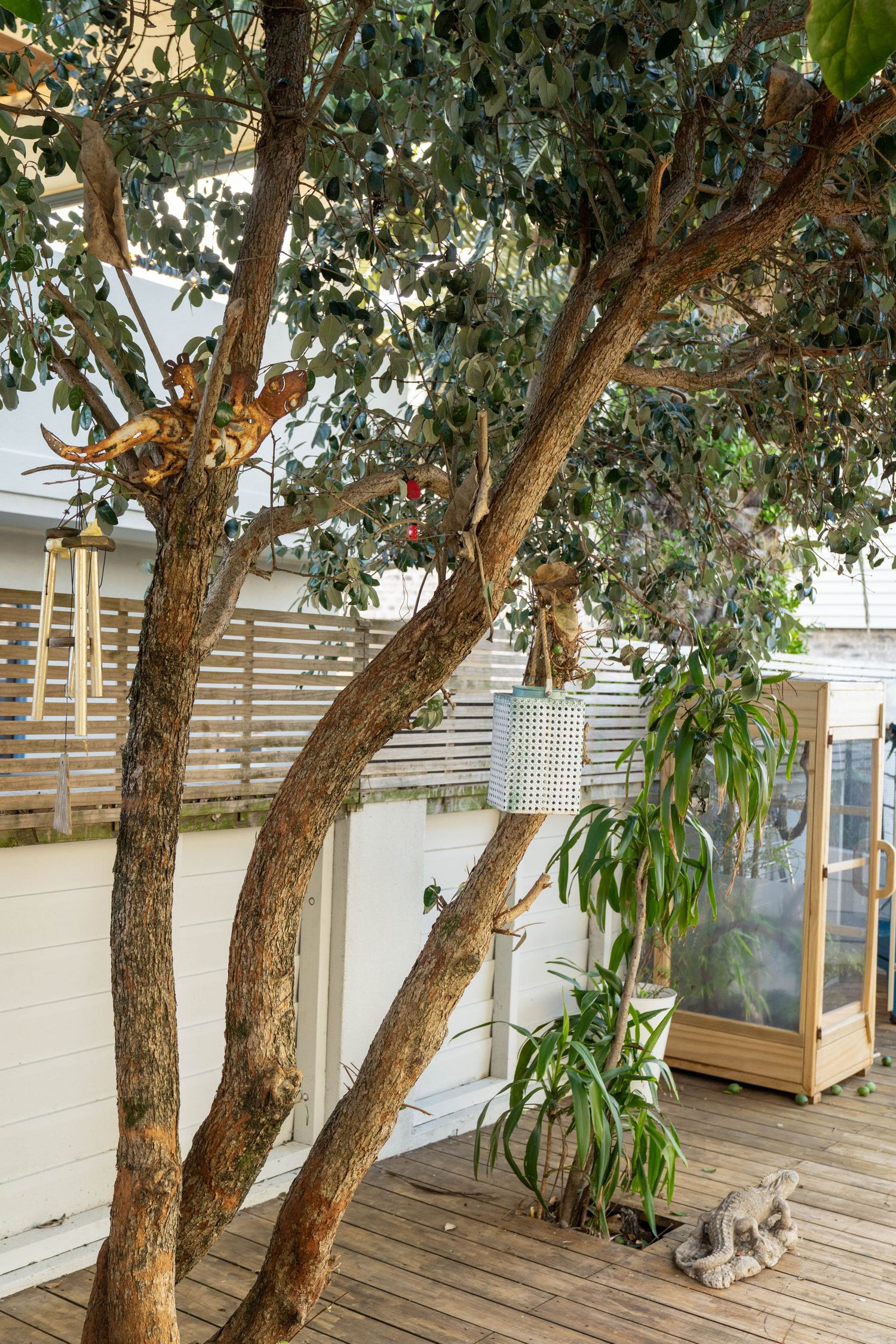 Wooden deck area surrounded by mature trees and privacy screens.