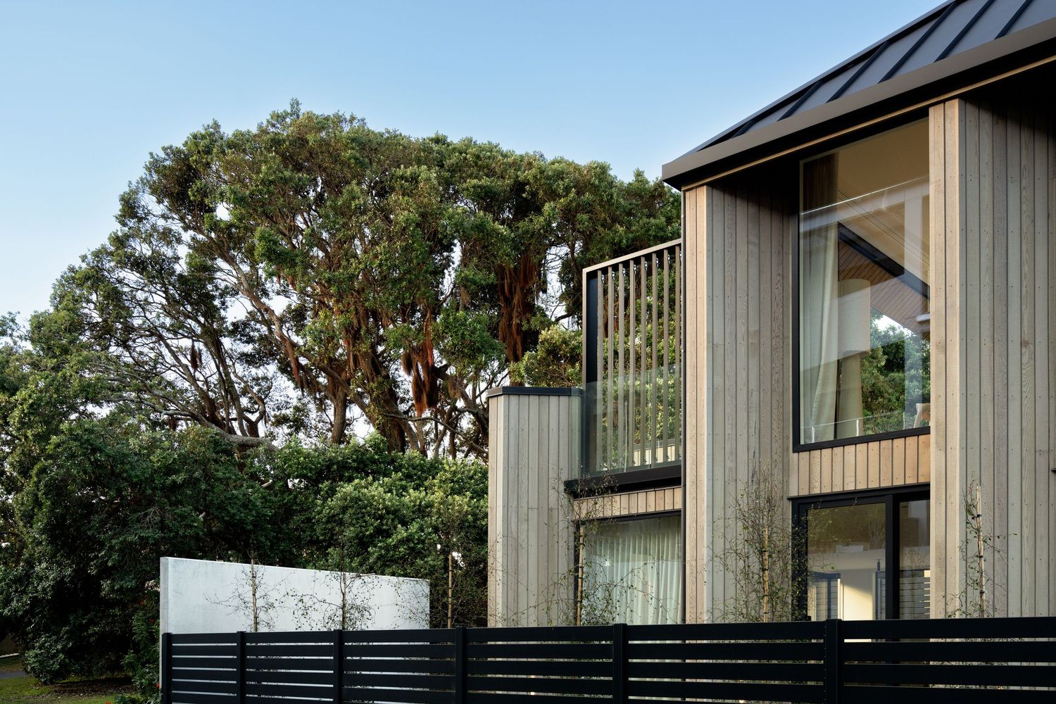 Modern house exterior with black metal roof and vertical wood siding against lush green trees.