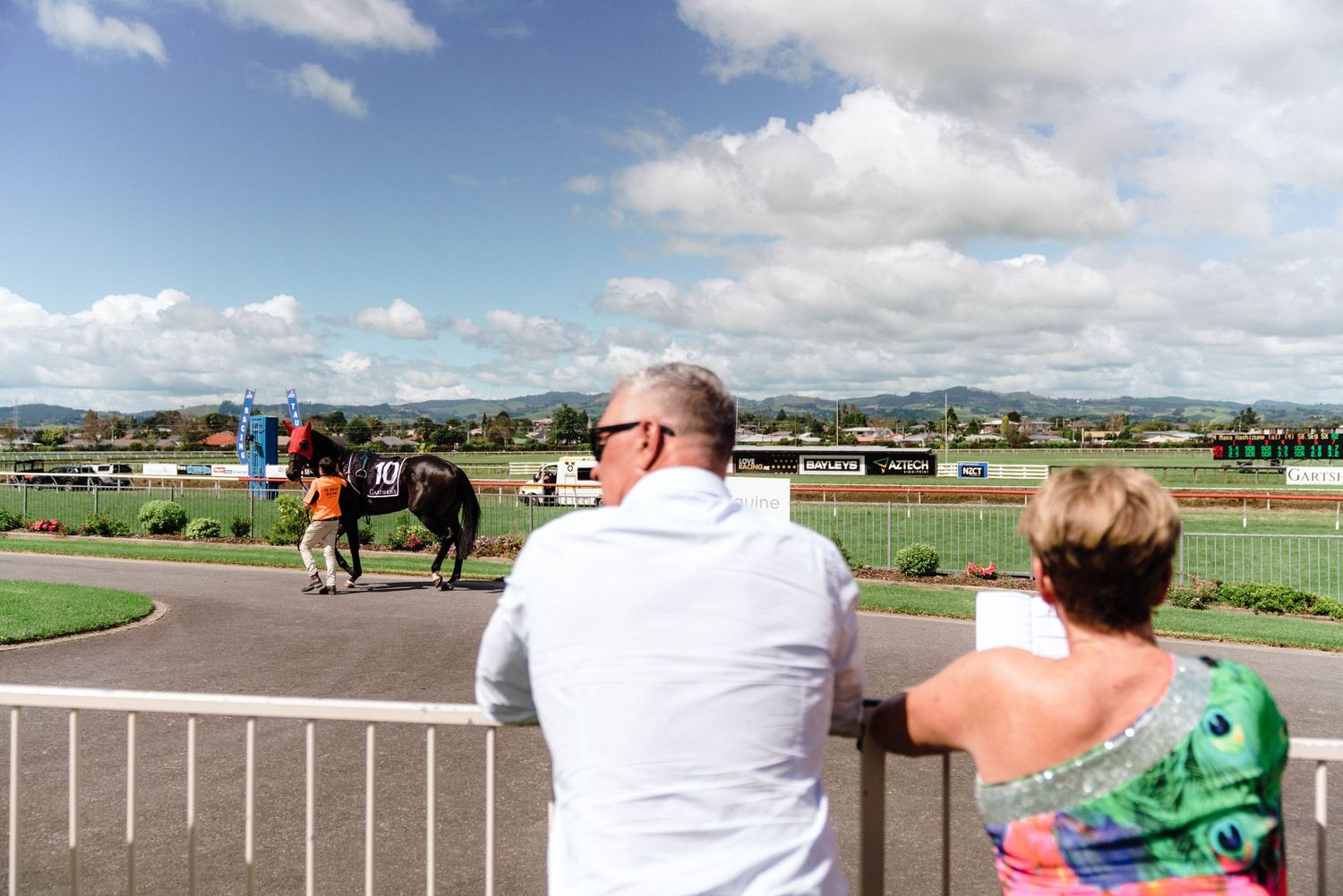 People gather at a railing overlooking an outdoor arena with horses in the distance.