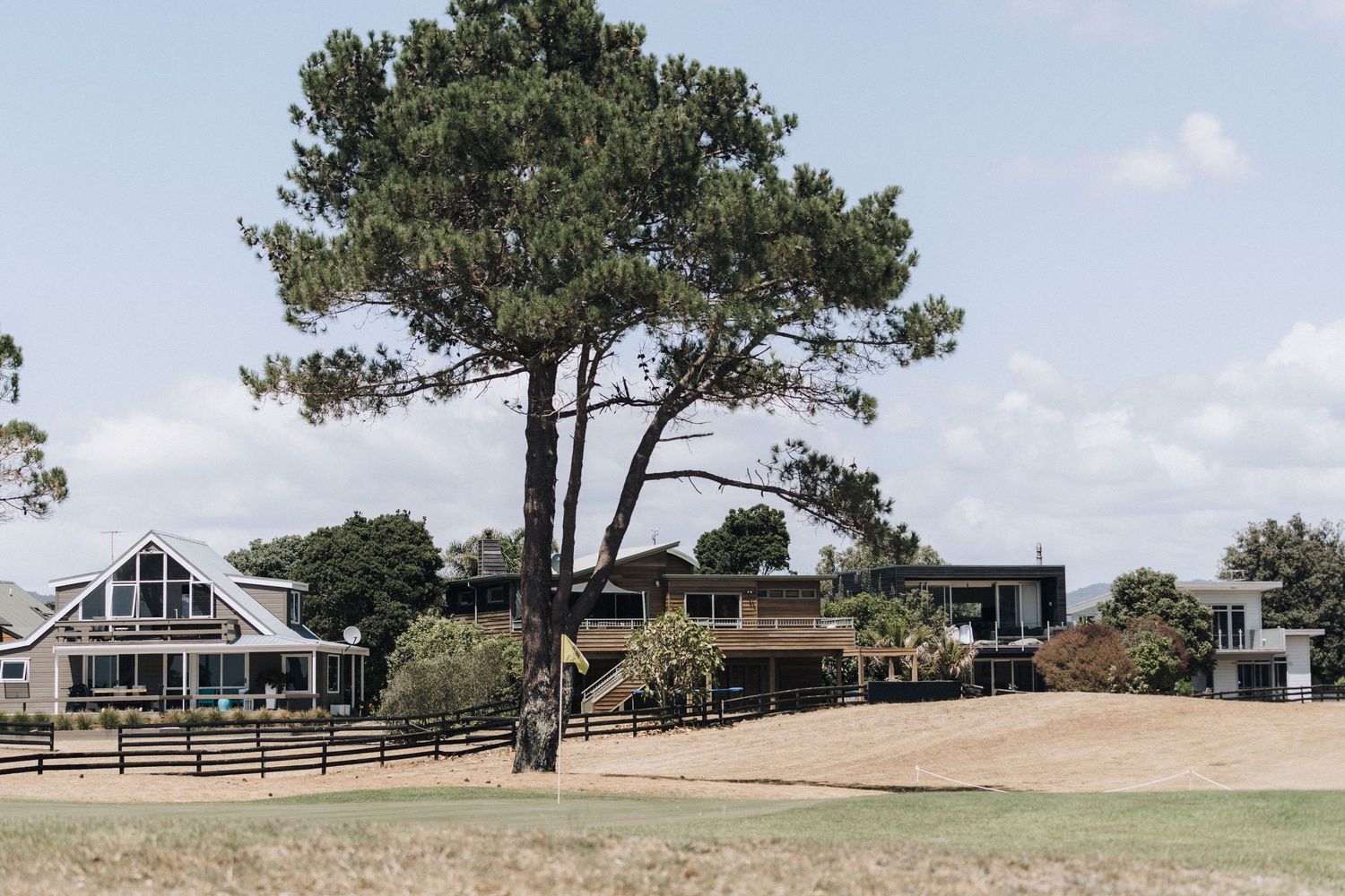 Rustic wooden house on a grassy hill surrounded by pine trees and natural landscape.