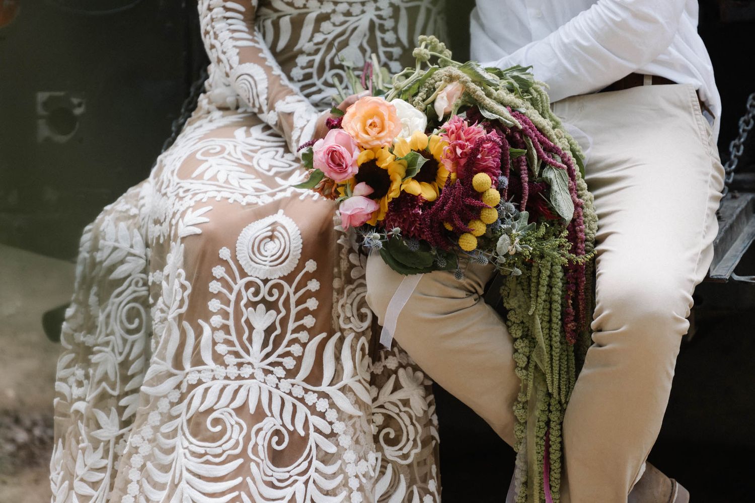 A close-up detail view of intricate white lace on a wedding dress with delicate floral embroidery patterns.