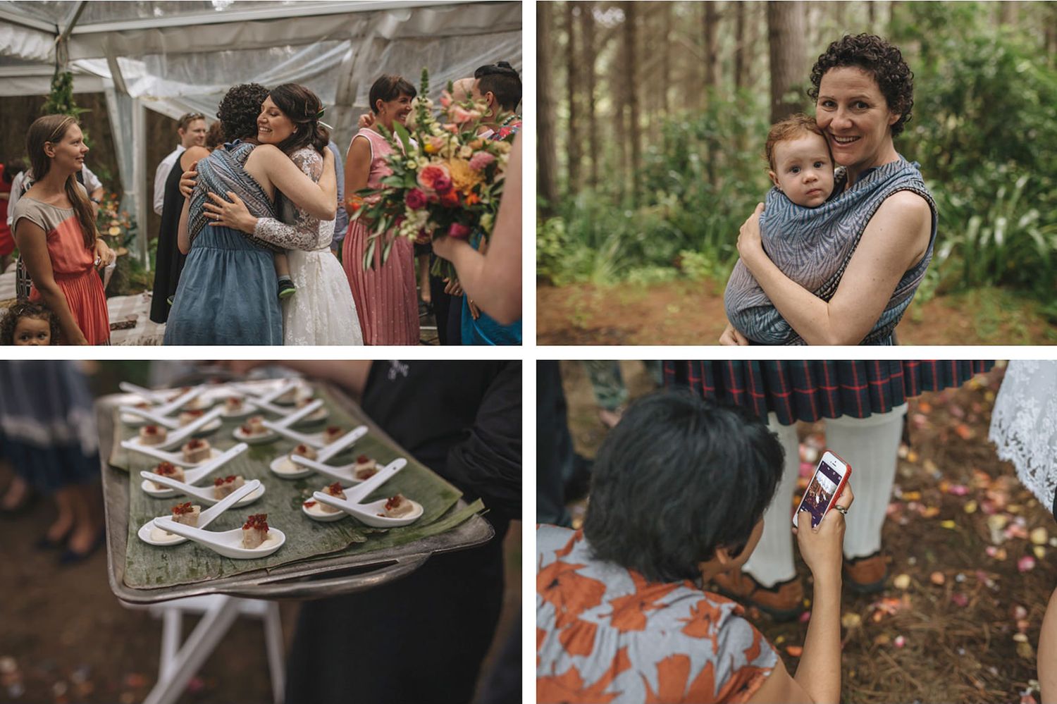 Candid wedding moments with guests and desserts in a rustic outdoor celebration in a wooded setting.