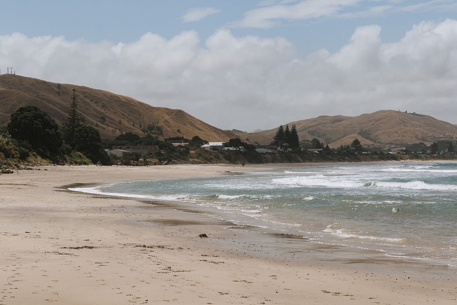 Waves roll onto a sandy beach surrounded by brown hills and scattered trees along the coastline on a cloudy day.