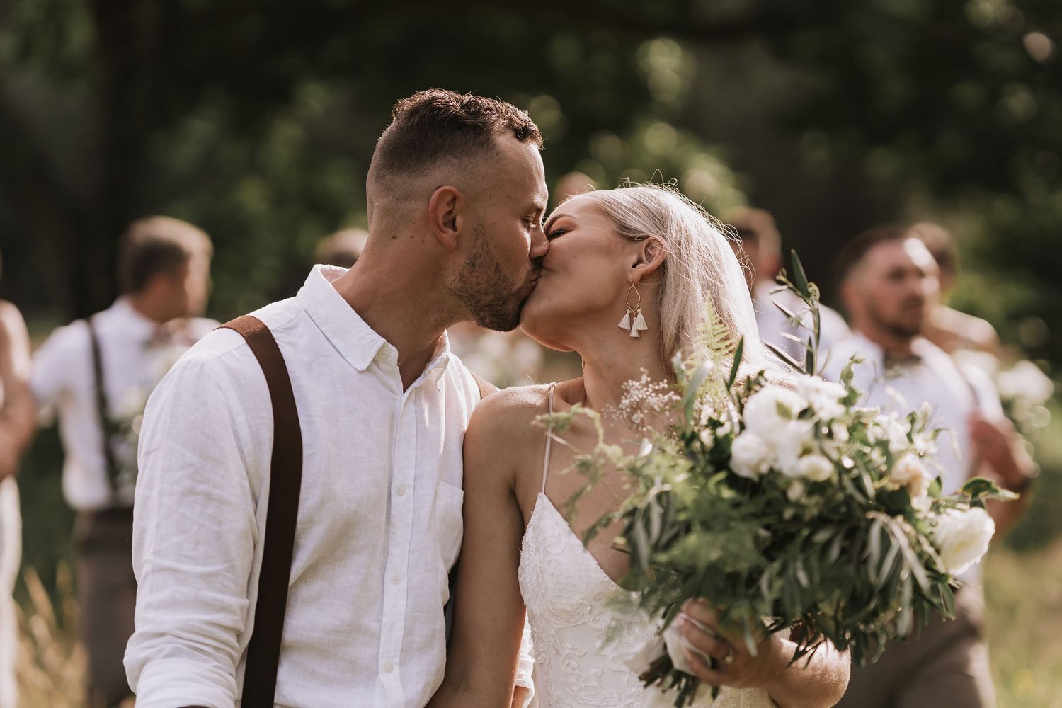 Outdoor wedding photography collage showing intimate romantic couple moments and bridal bouquet details in natural light.