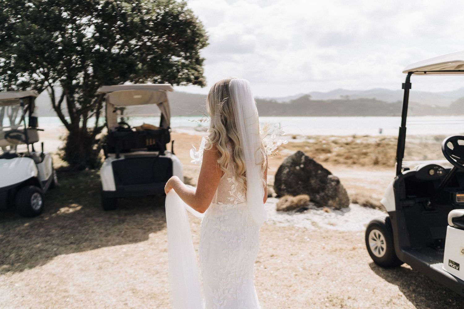 A collection of wedding photos showing candid beach moments, floral details, and seaside ceremony decor at golden hour.