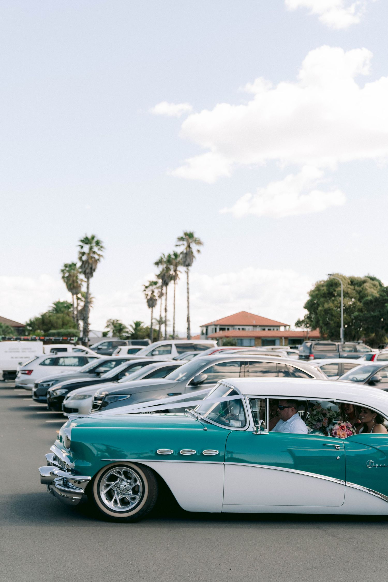 Classic vintage cars lined up in a parking lot with palm trees under blue skies.