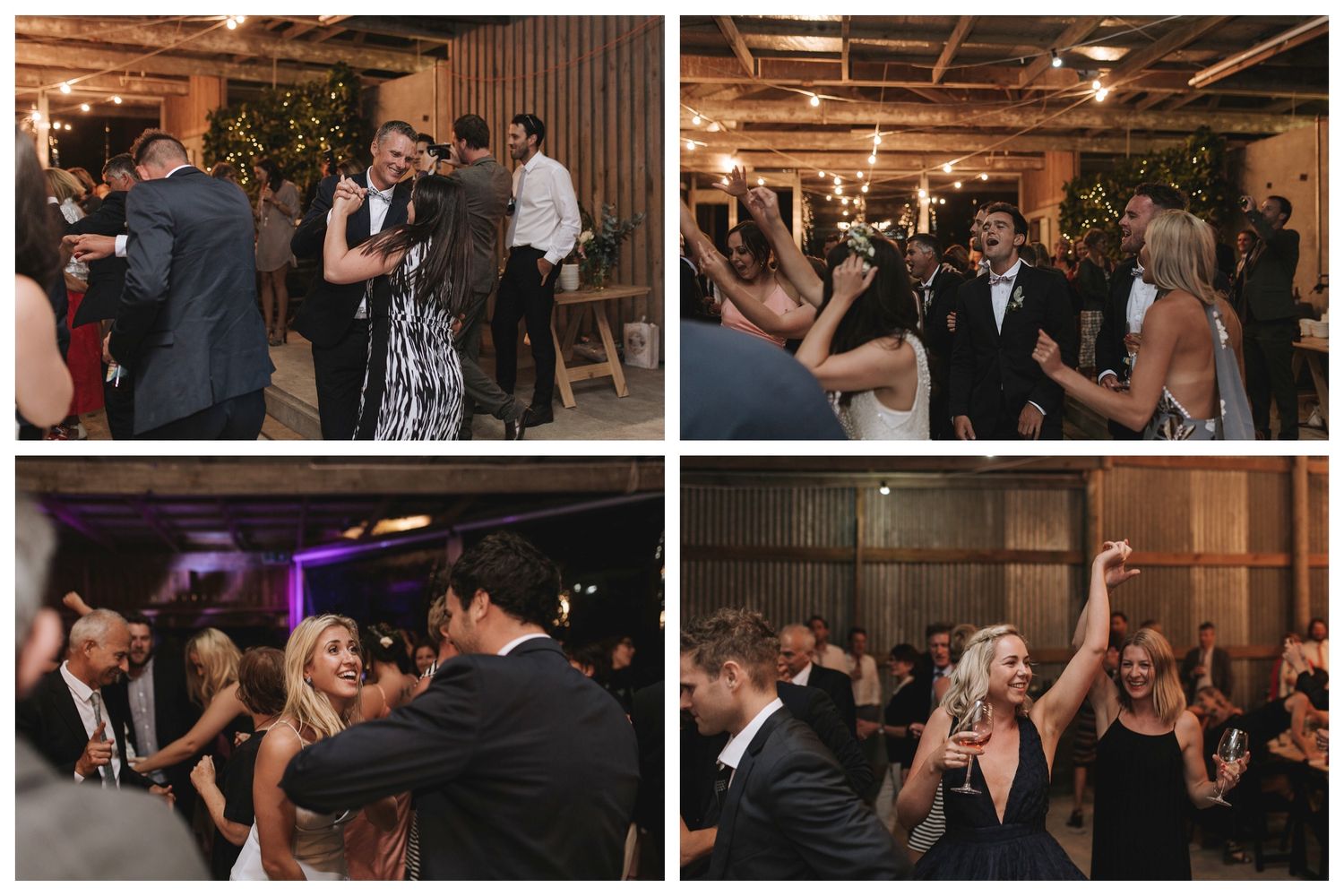 Wedding guests dancing enthusiastically together on a festive dance floor at an indoor reception celebration.