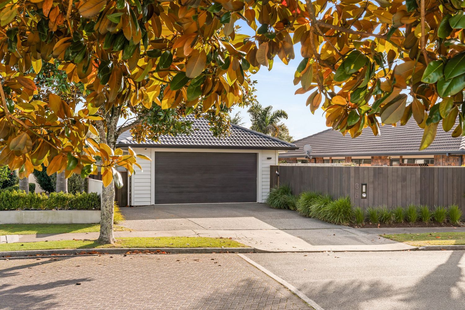 Fall tree branches with golden leaves frame views of residential driveways and garage doors.