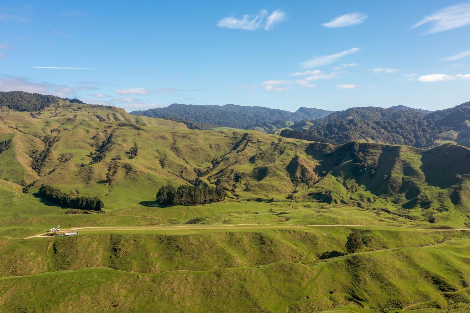Rolling green hills and mountains stretch across a scenic New Zealand landscape under blue skies.