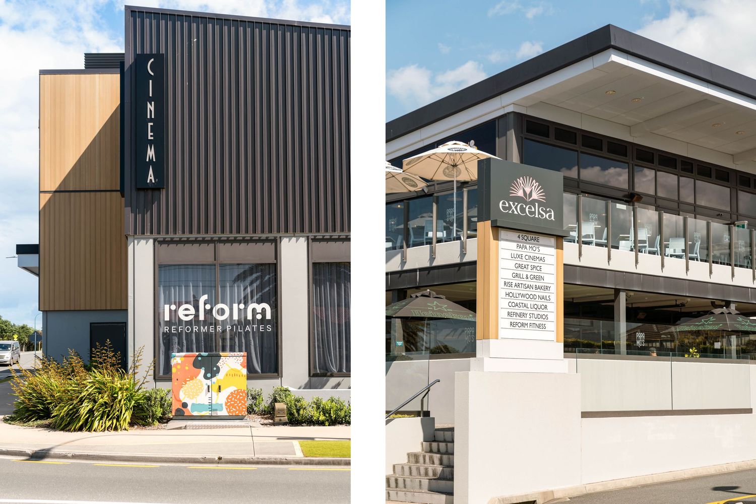 Side-by-side view of modern commercial buildings with distinctive architectural features.
