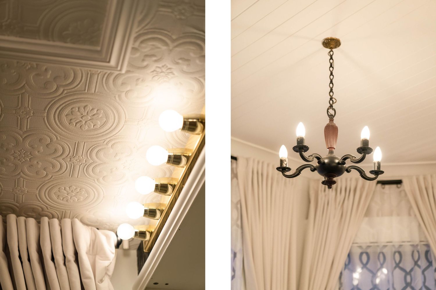 Elegant crown molding and vintage chandeliers adorn ornate ceiling details in multiple interior rooms.