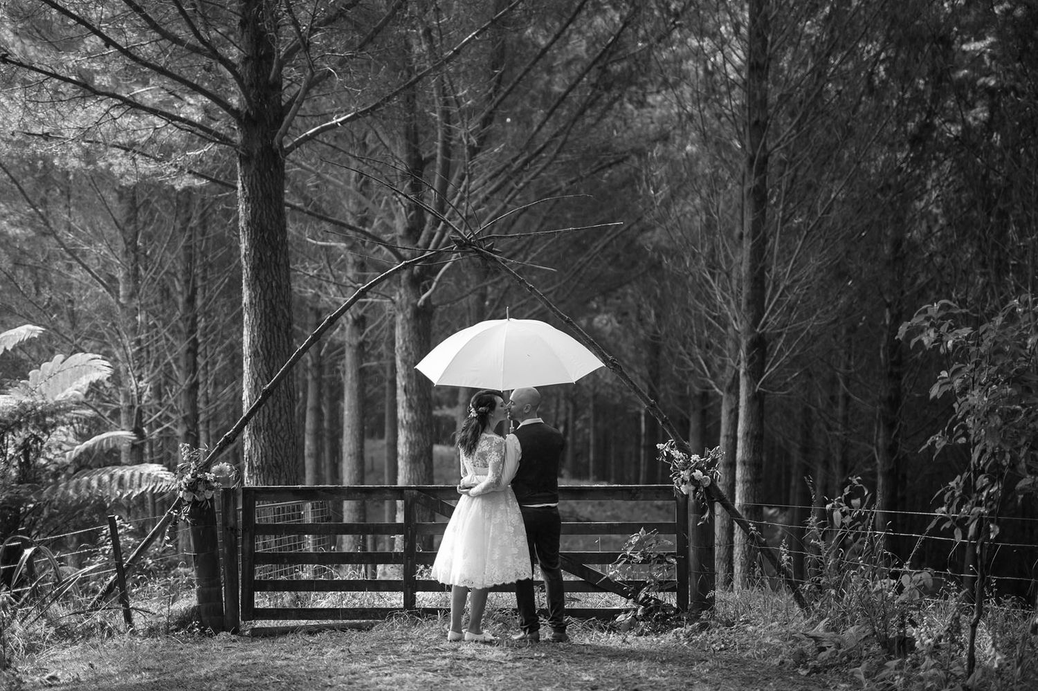 Silhouettes of wedding guests walking through misty forest path with umbrellas.