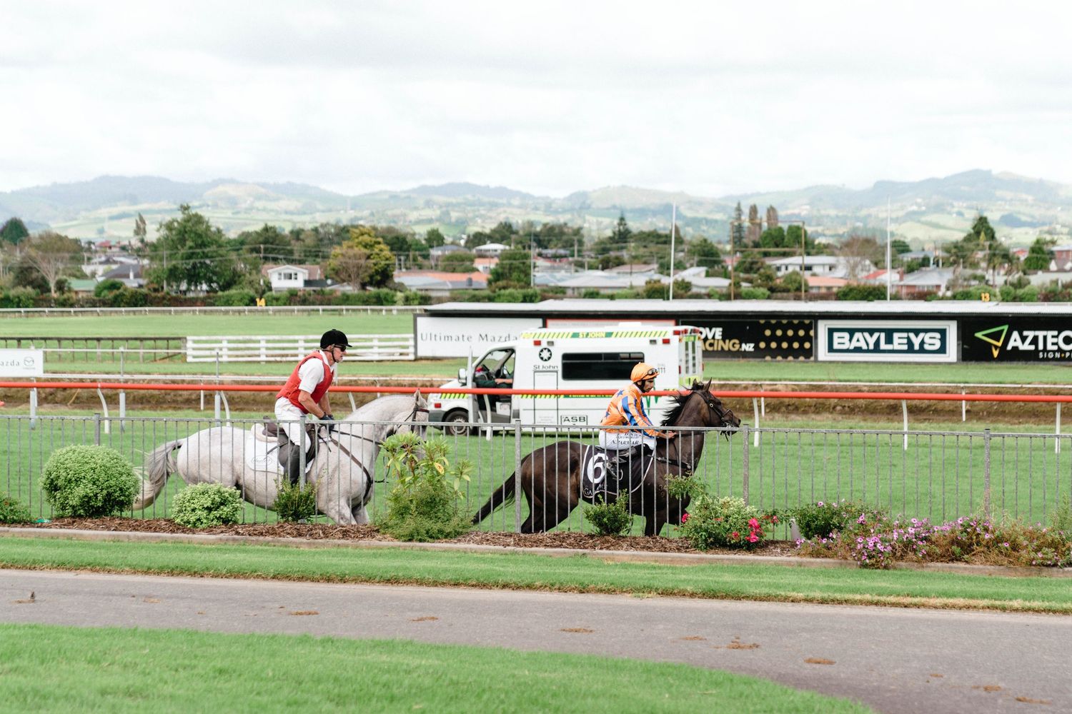 A scenic view of a horse racing track with mountains in the background and spectators in the foreground.