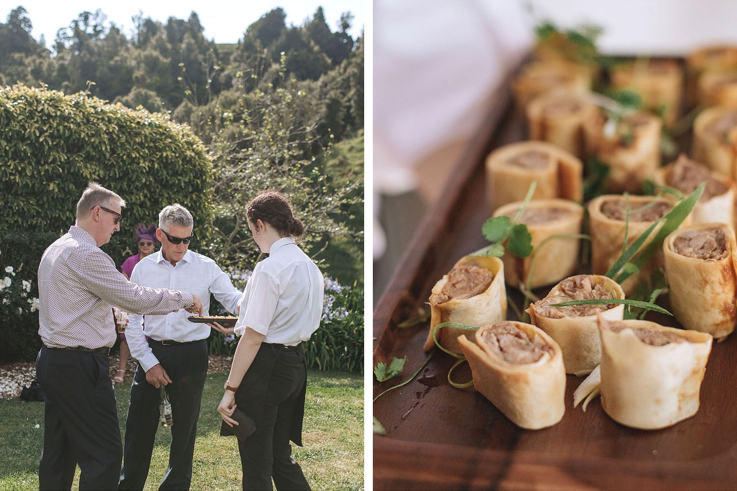 A group celebrates outdoors near greenery while plate of wrapped appetizers sits on wooden surface in second image.