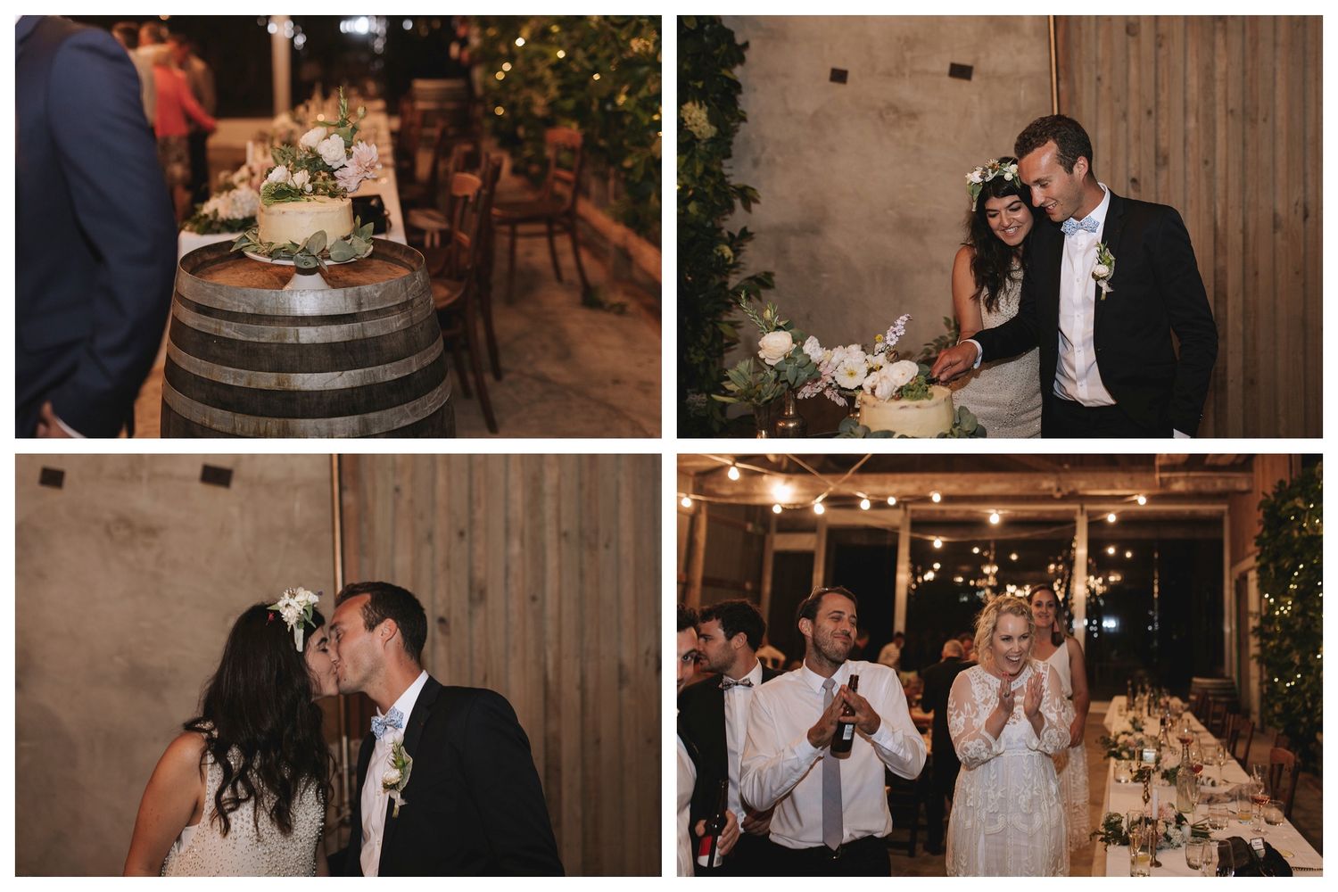 Romantic wedding reception celebration with rustic wooden decor and wine barrel vignettes captures intimate moments at sunset.