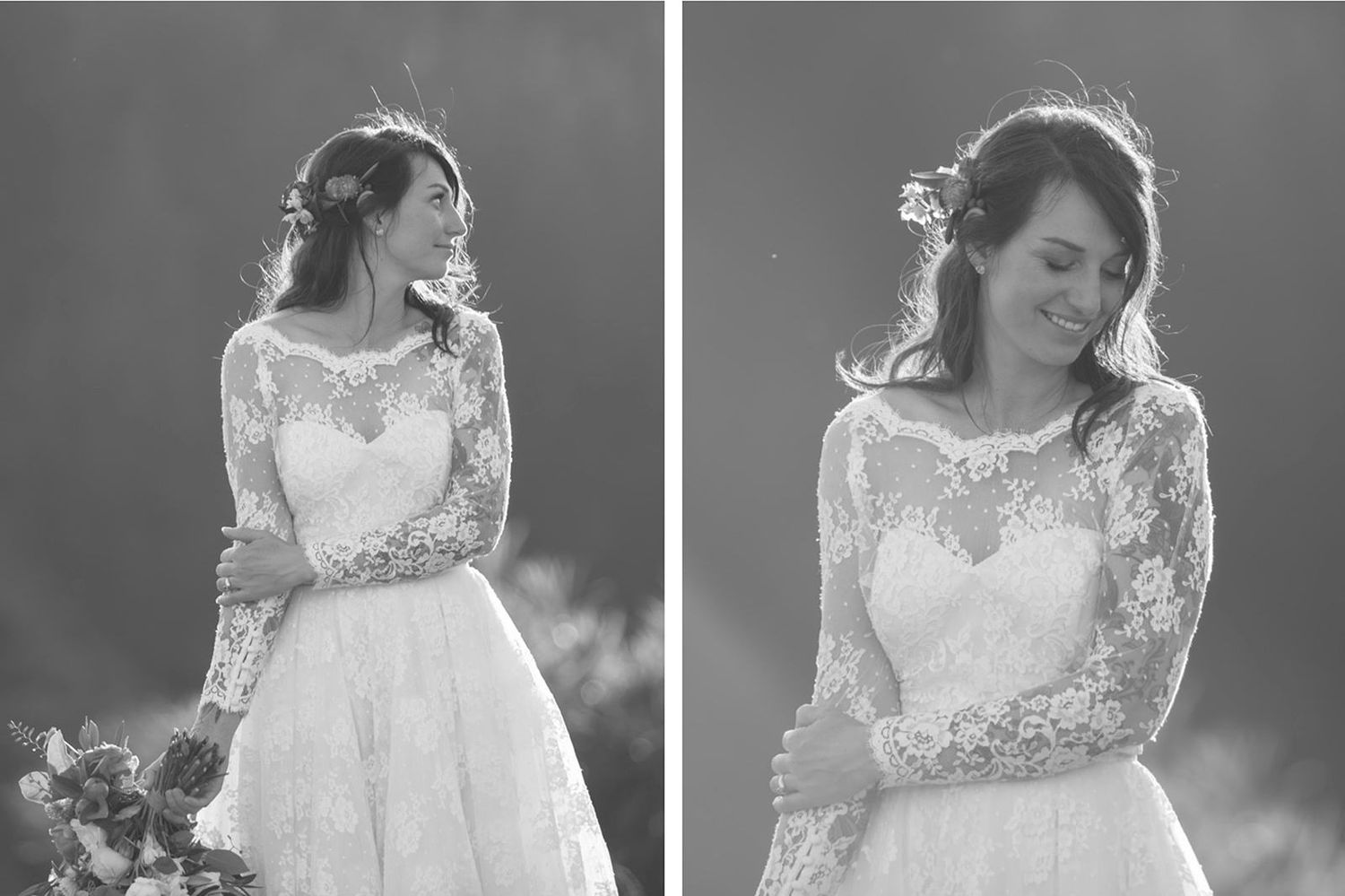 Two artistic black and white bridal portraits showing elegant lace wedding dress with long sleeves in natural light.