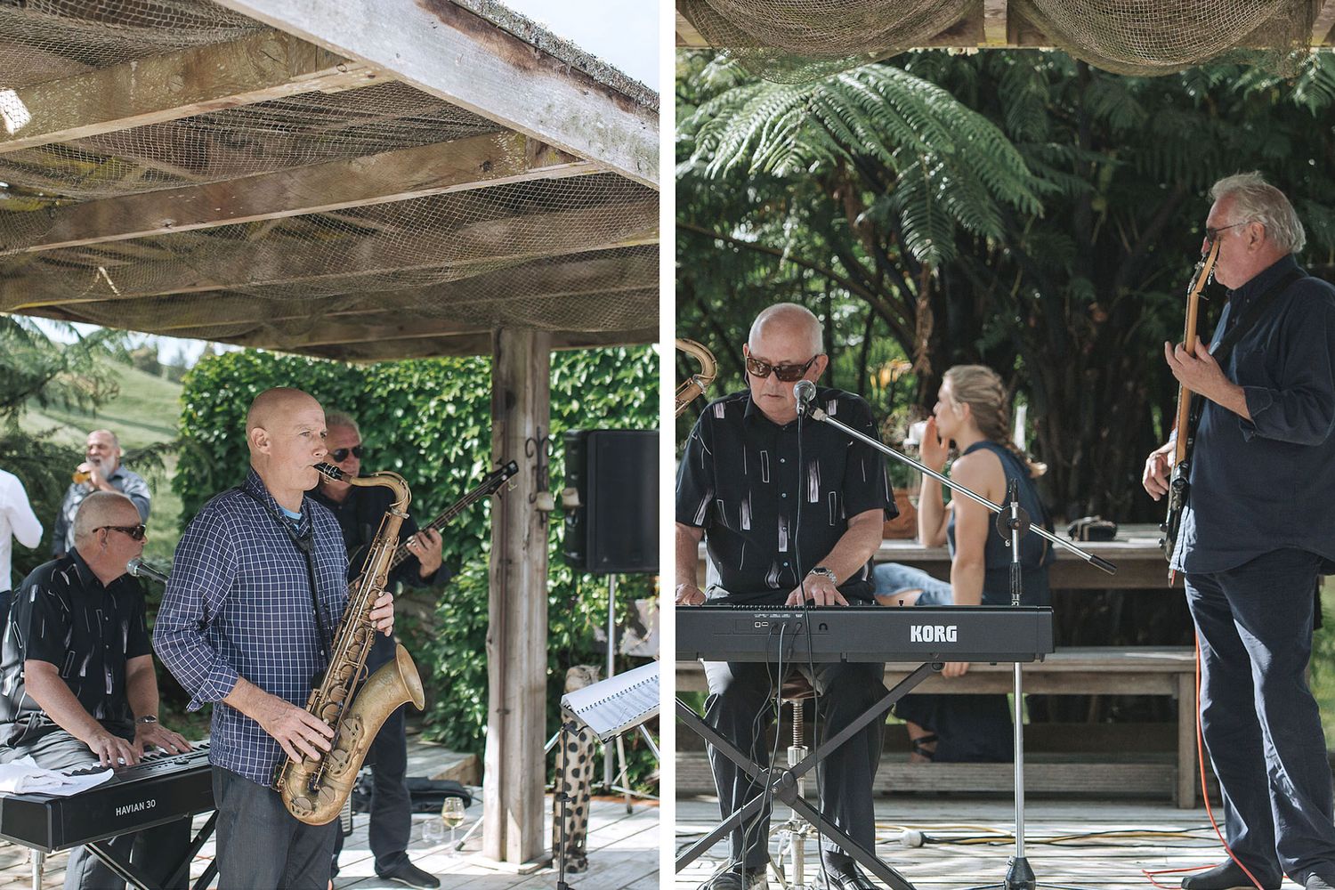 A jazz band performs under a wooden pavilion during an outdoor concert event.