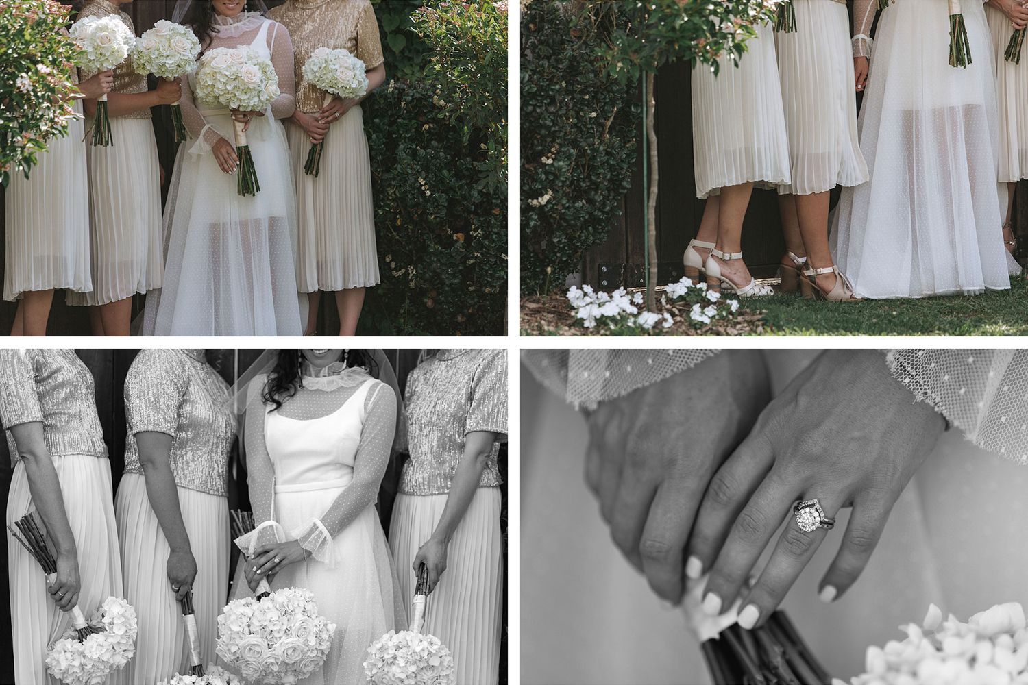 A collection of wedding photos showing bridesmaids in white dresses walking together and posing in an outdoor garden setting.