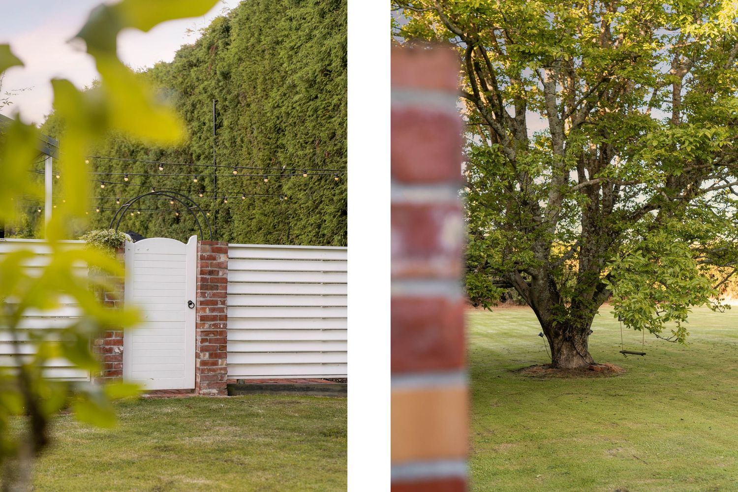 Lush green garden setting with mature trees and landscaping around a residential property.