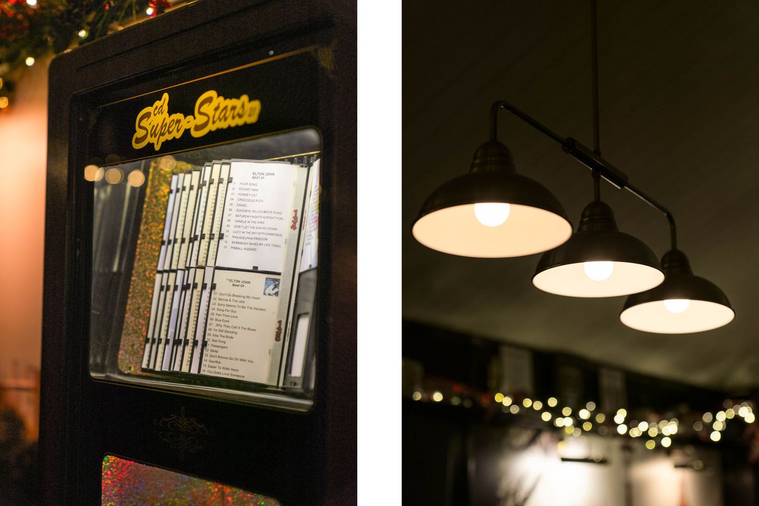 Restaurant menu display and pendant lights with bokeh effect in dark interior setting.