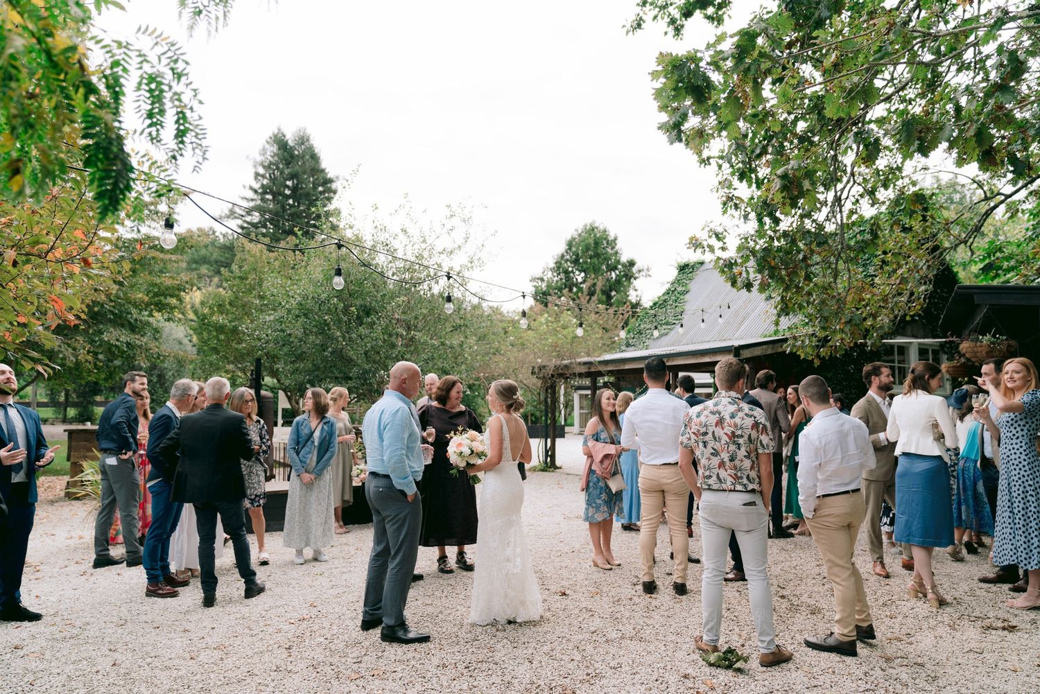 Wedding guests gathered outdoors for a ceremony surrounded by greenery and trees.
