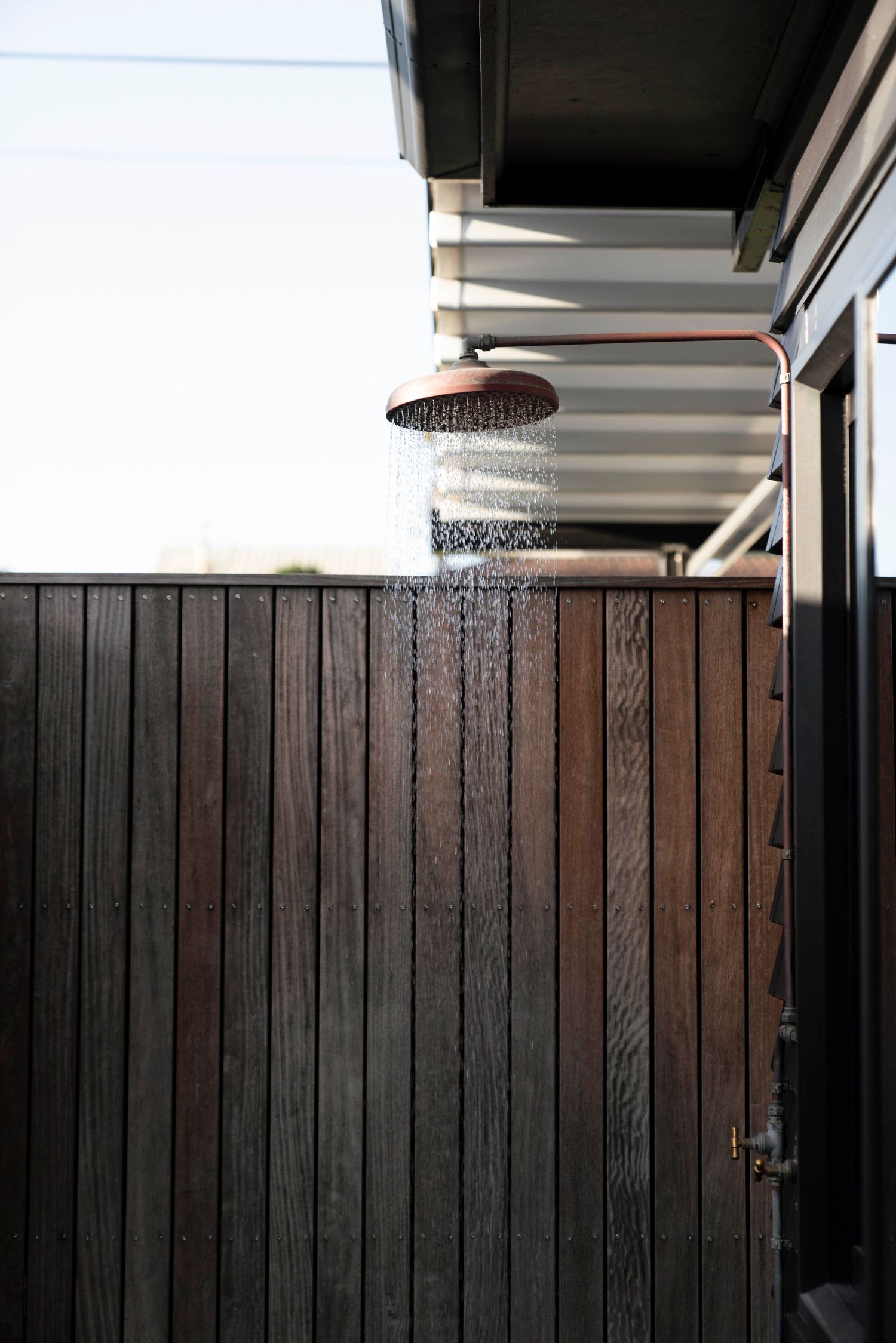 Close-up view of modern rainshower heads mounted on dark wooden wall in contemporary bathroom.