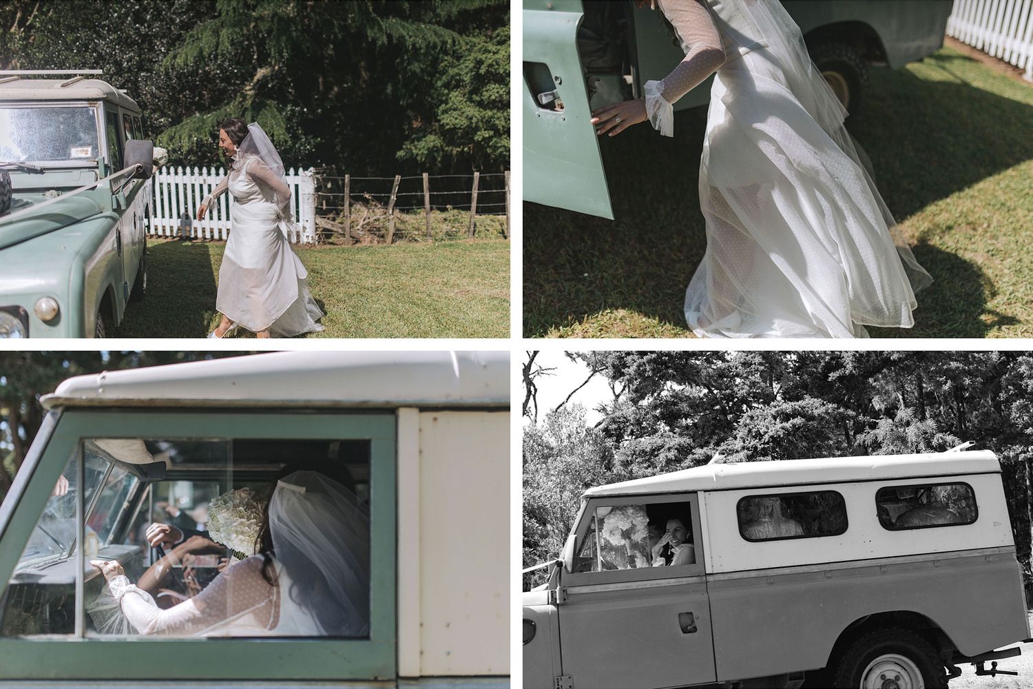Vintage mint green Land Rover serves as a stylish wedding getaway vehicle on a sunny outdoor lawn.