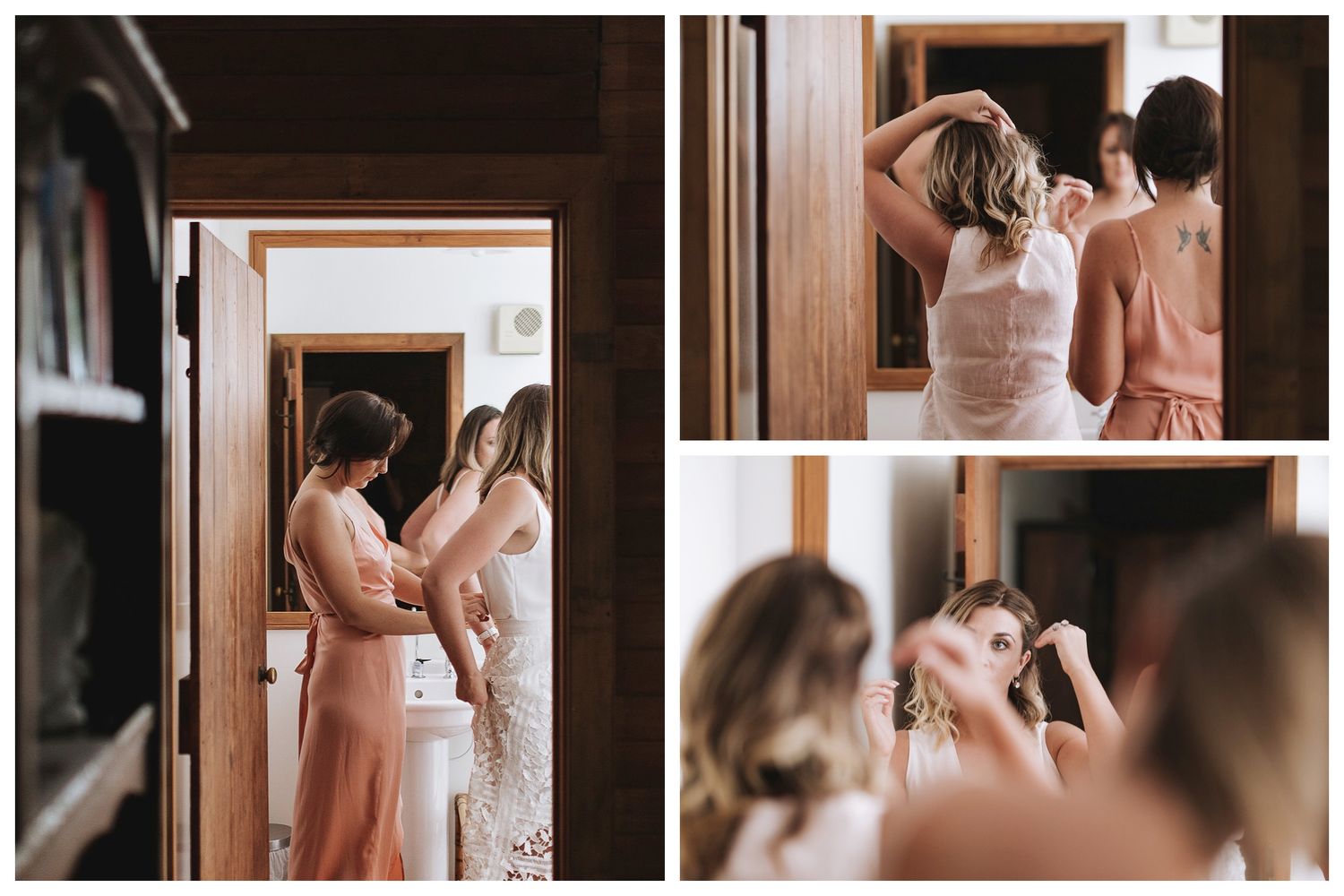 Collage of wedding preparation moments showing people getting ready in pink and white attire.
