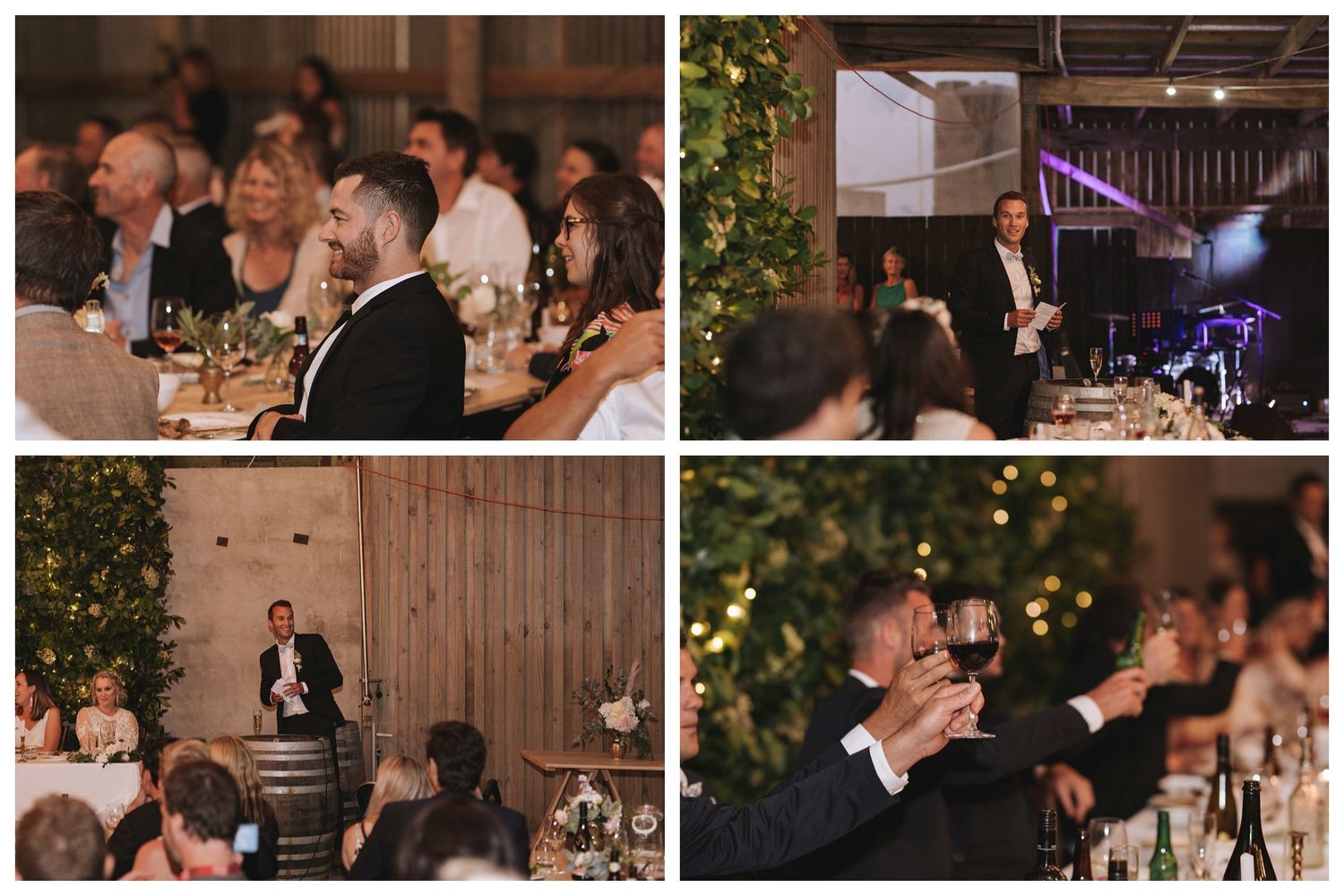 Wedding guests enjoying dinner and speeches at an indoor rustic reception with romantic lighting and wooden decor.