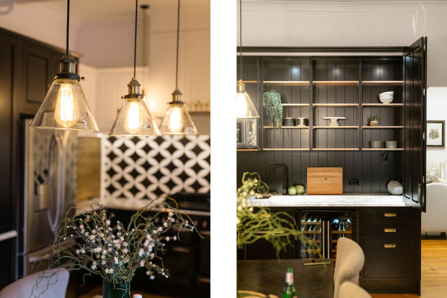 Modern kitchen with black cabinets, pendant lighting, and sleek stainless steel appliances.