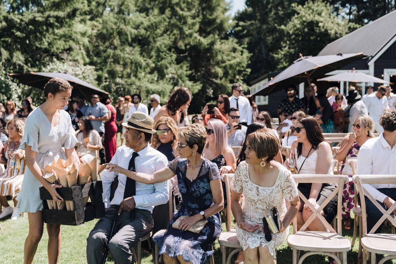 Outdoor wedding ceremony guests seated in white chairs on a sunny lawn with trees in background.
