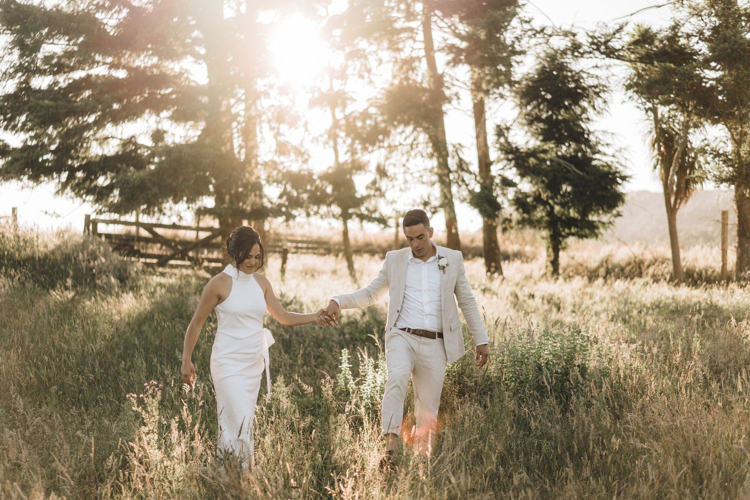 Couple walking hand in hand through sunlit field with pine trees in background during golden hour.