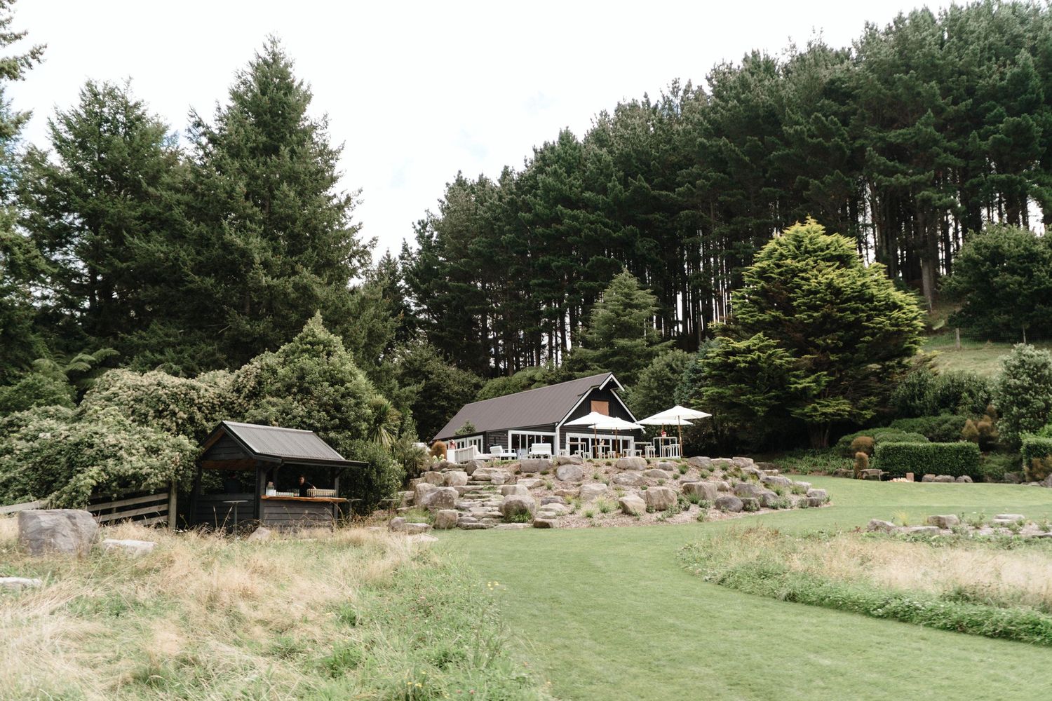 Panoramic view of a rustic property surrounded by evergreen trees and rolling hills in the Pacific Northwest.