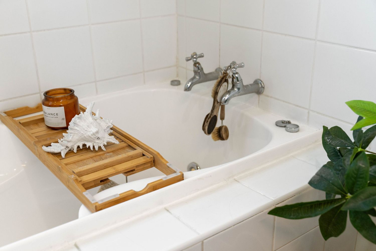 White bathtub with wooden bath caddy, vintage-style faucet, and decorative green plant.