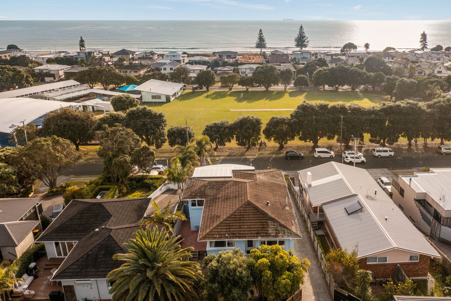 Aerial view of coastal neighborhood with palm trees and residential houses near the beach under blue sky.