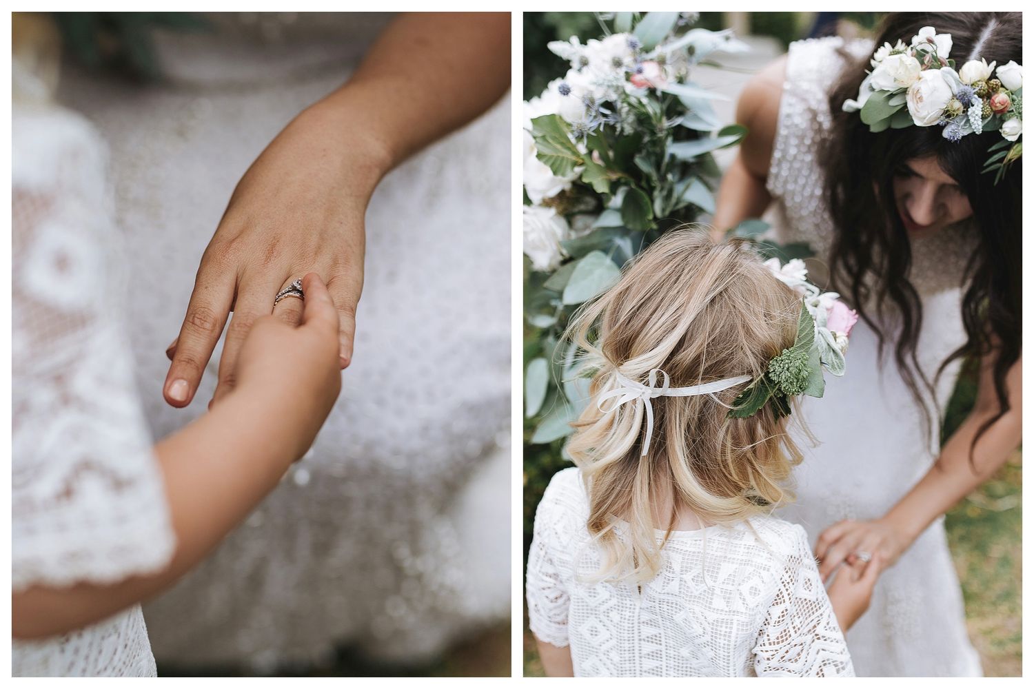 A series of romantic wedding detail shots showing rings, bouquets and clasped hands in an ethereal light.