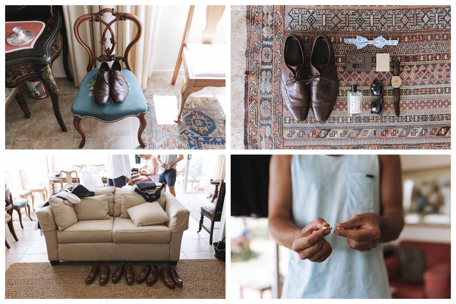 Four lifestyle vignettes showing vintage home decor items including a blue kettle, boots, beige sofa and hands with jewelry.