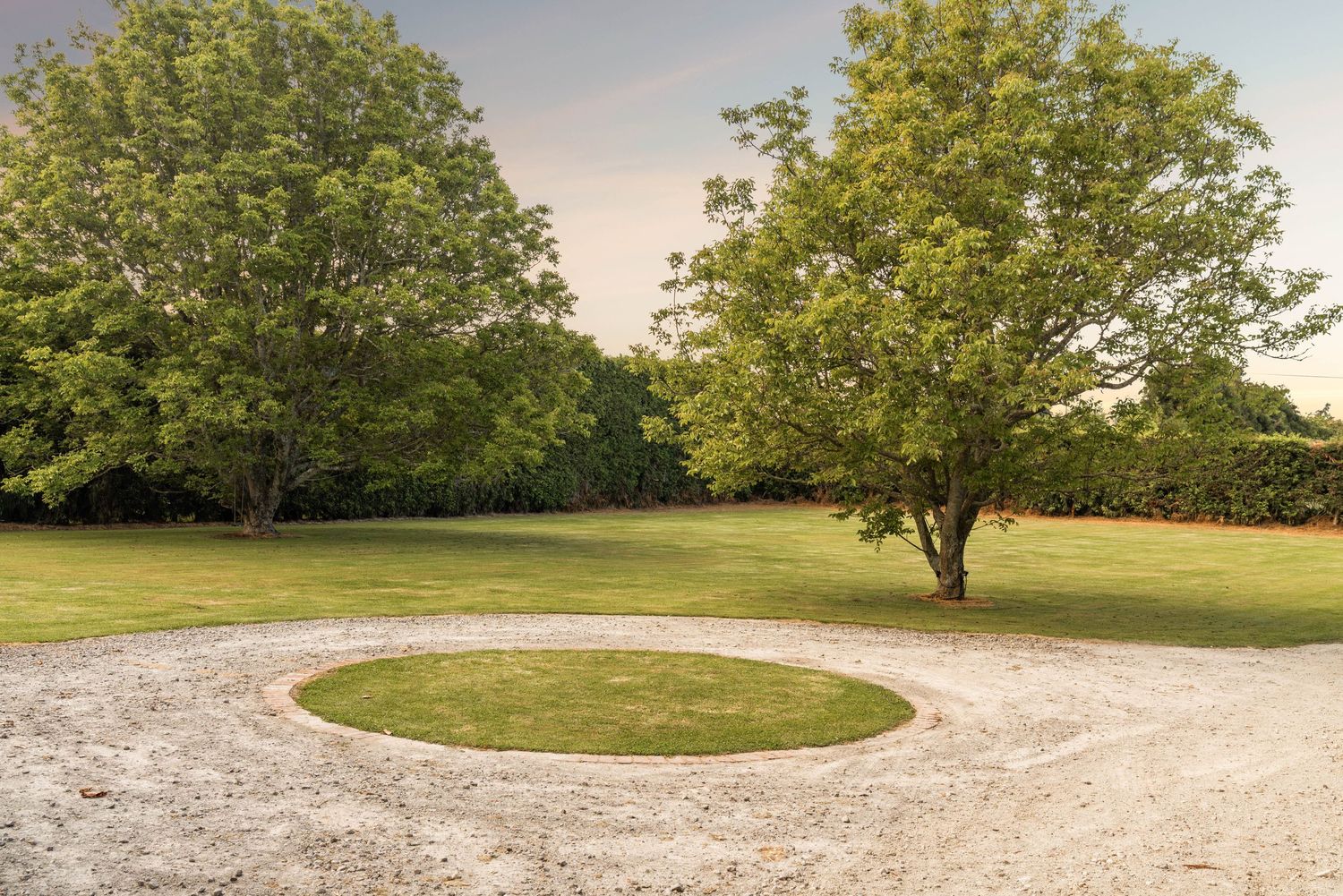Expansive green lawn with mature trees and natural landscaping at golden hour.