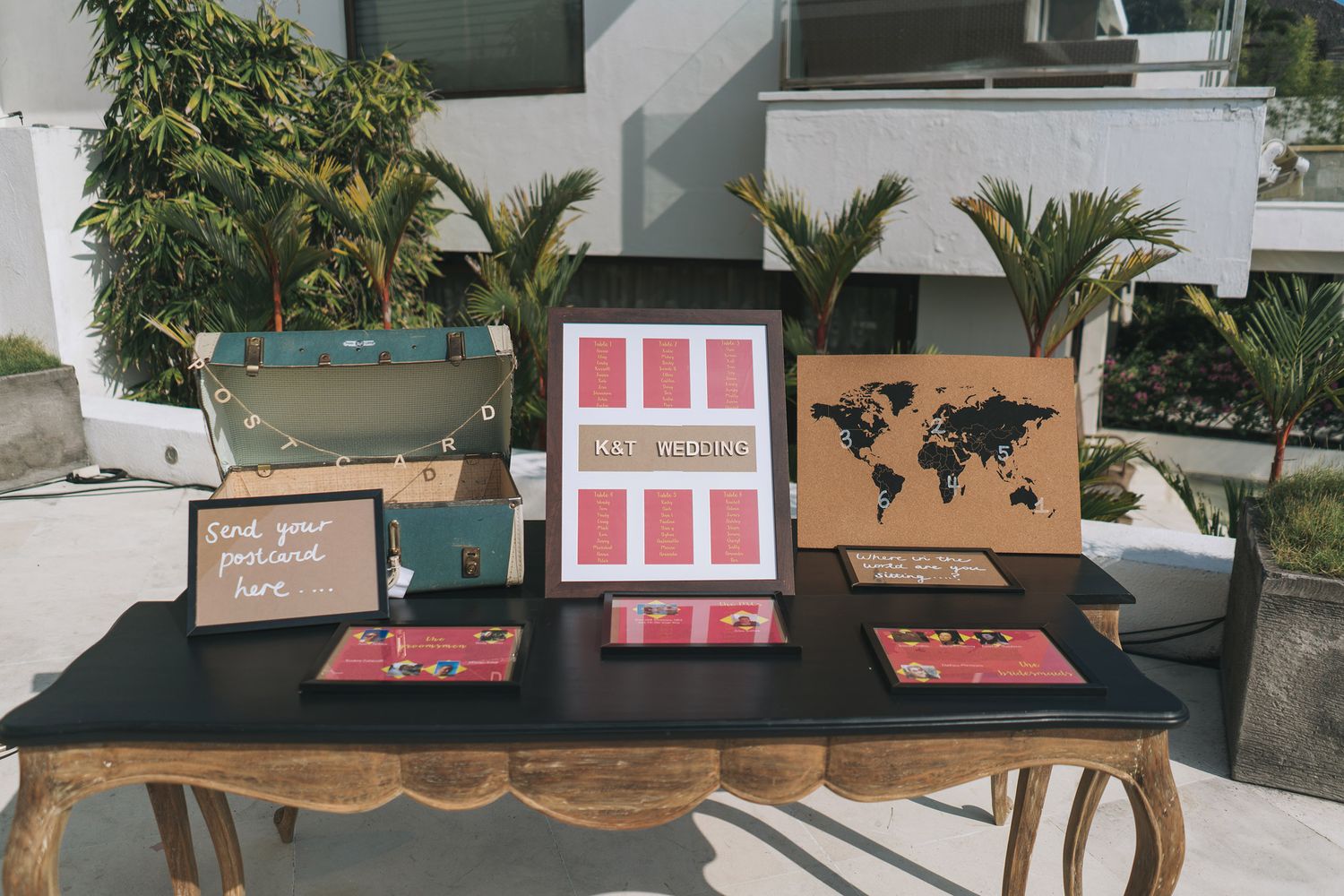 Wedding reception decor with travel-themed signs and displays on wooden table.