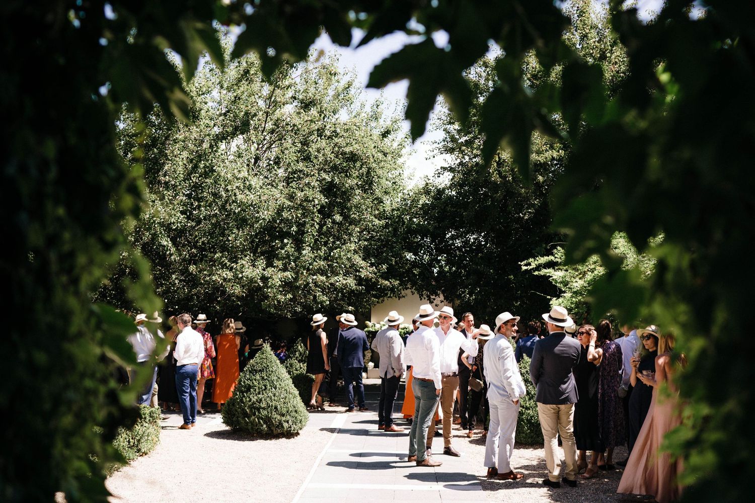 A group of people walking along a sunny garden path lined with lush greenery and topiary.