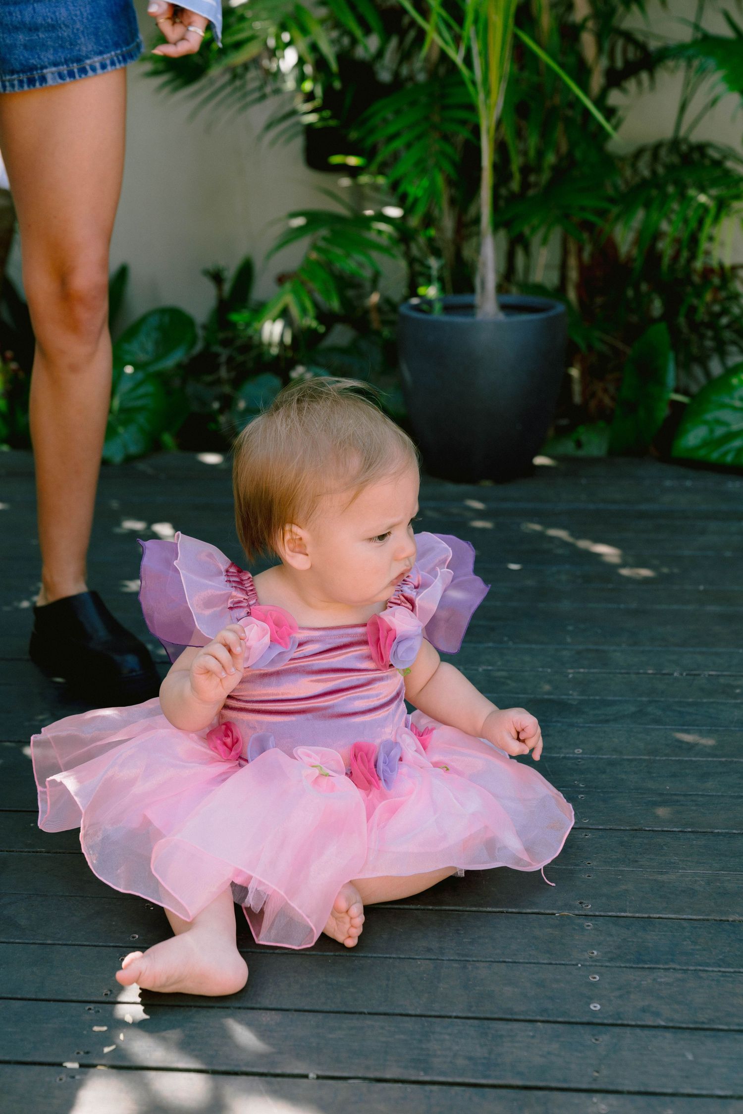 A small child sits on a wooden deck wearing a pink tulle dress and ballet shoes surrounded by potted plants.